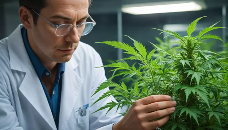 Naukowiec bada roślinę konopi.