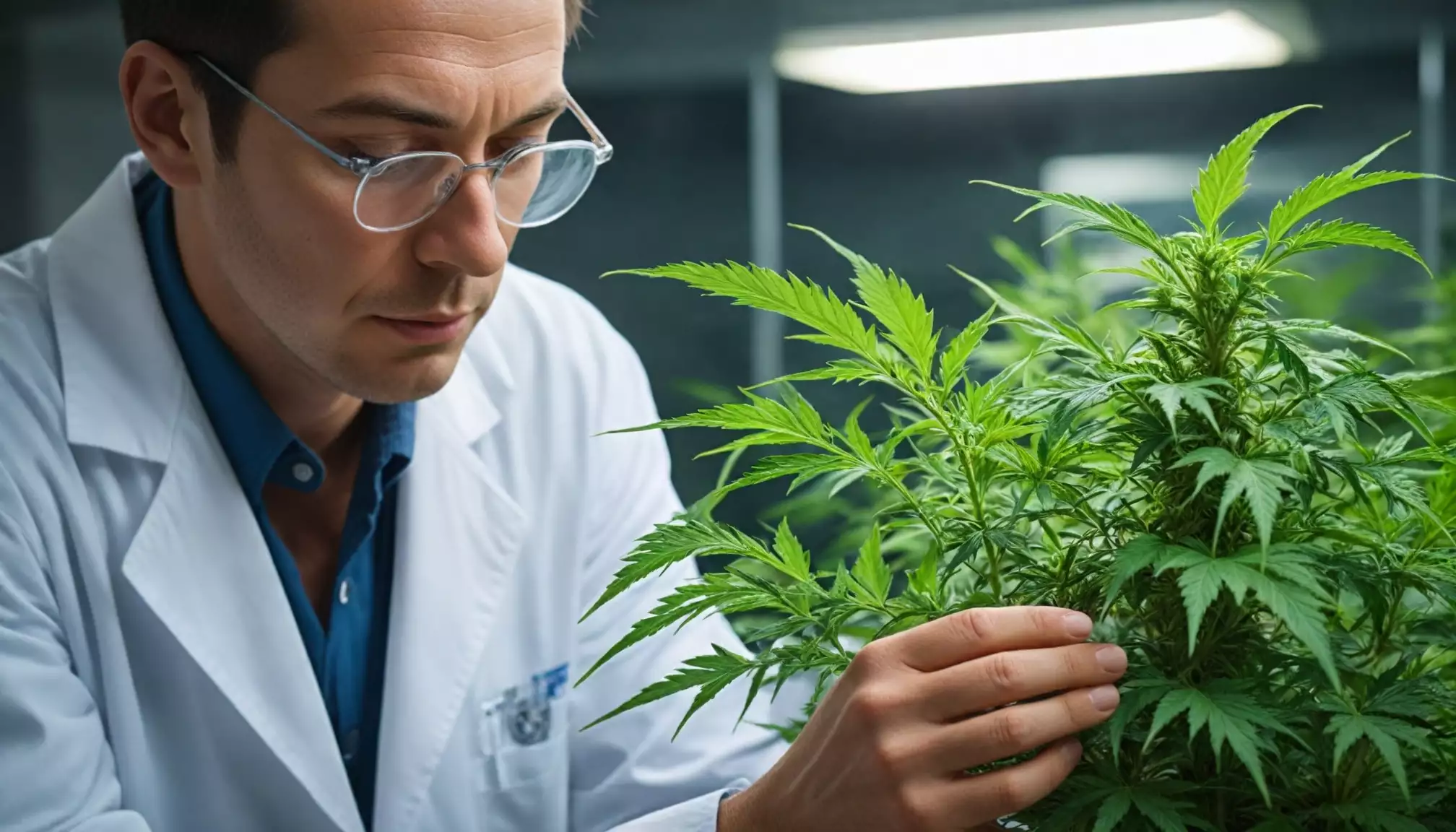 Naukowiec bada roślinę konopi.