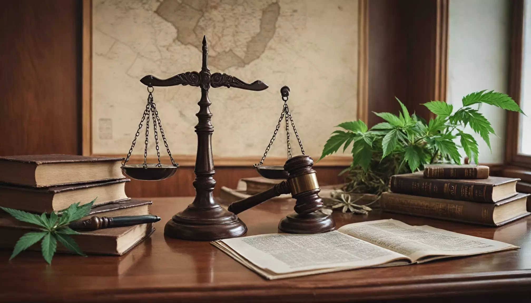 Waga sprawiedliwości, książki i liść konopi.