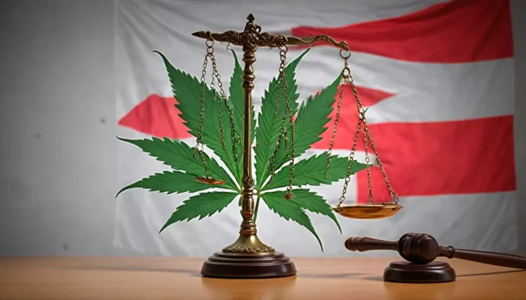 Waga sprawiedliwości z liściem konopi, młotek sędziowski.