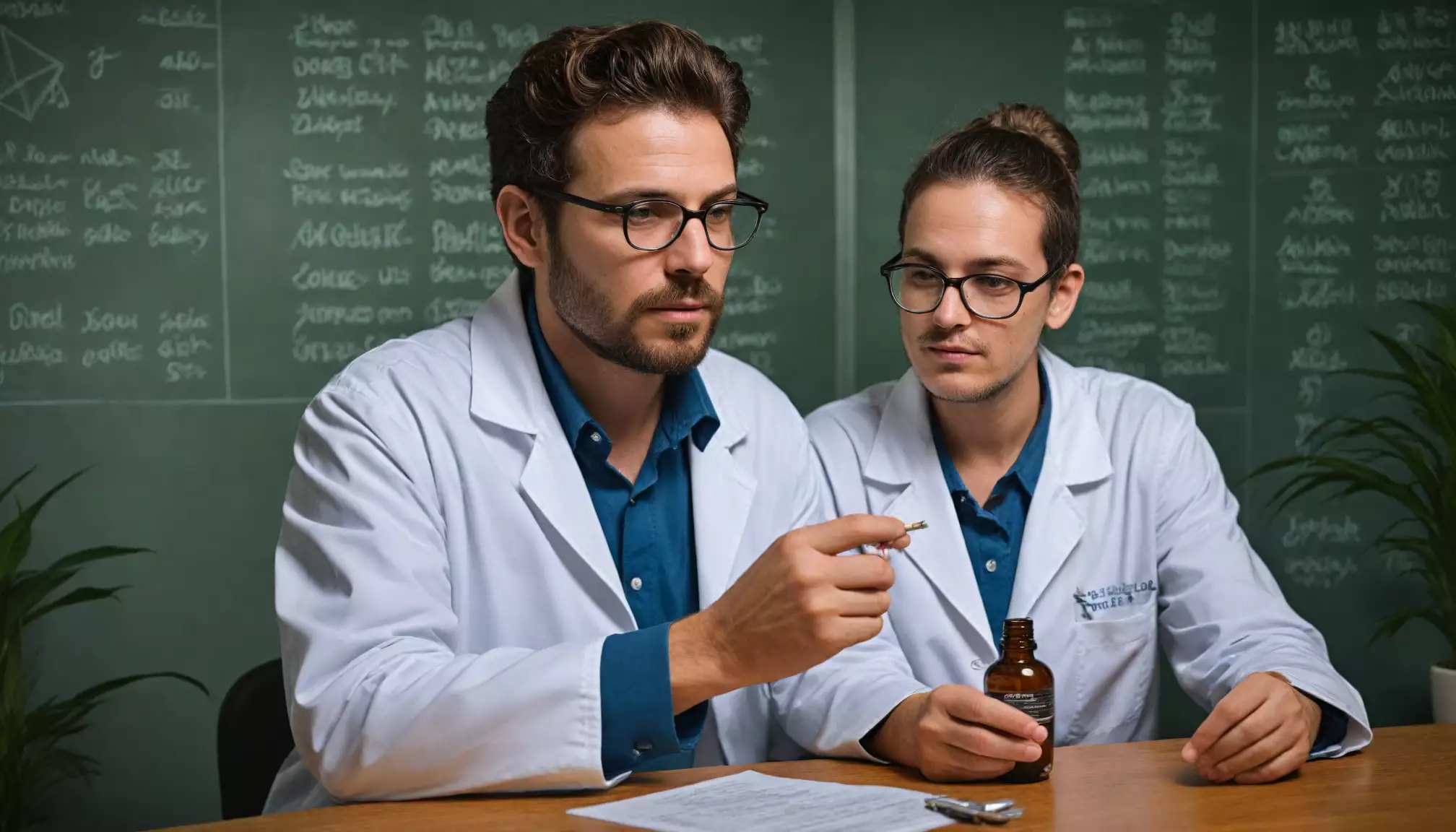 Dwóch naukowców analizuje próbkę w laboratorium