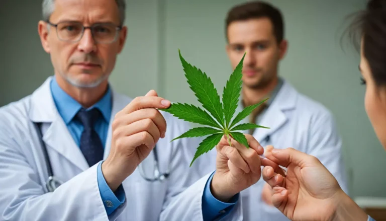 Lekarze trzymają liść marihuany.