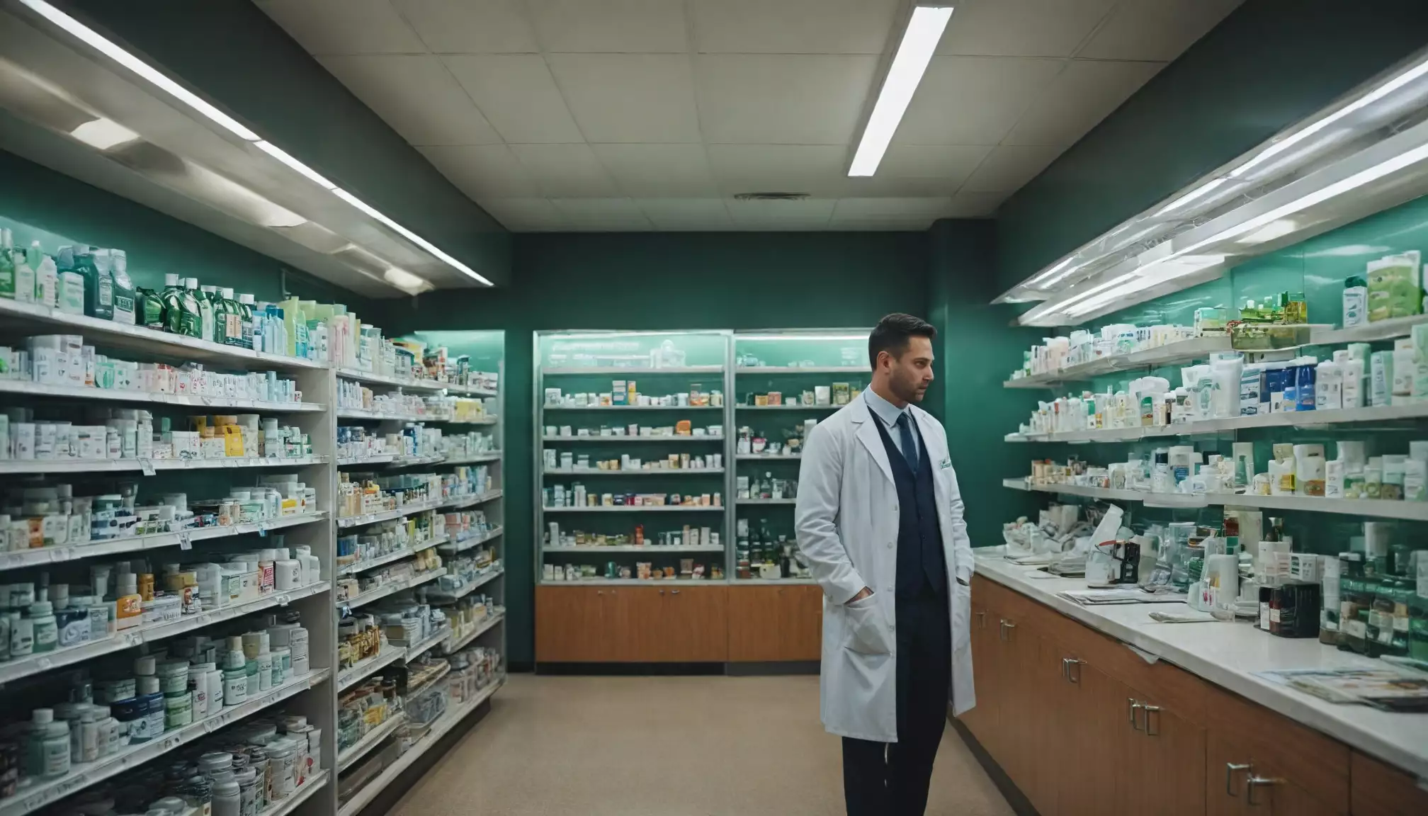 Farmaceuta w aptece z lekami na półkach