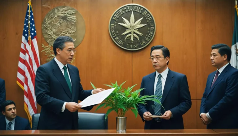 Urzędnicy dyskutują przy roślinie konopi i fladze USA.