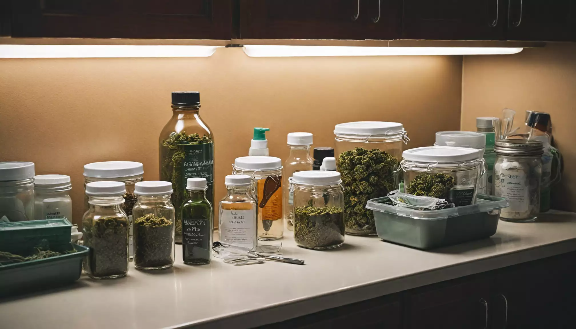 Słoiki z suszem medycznym na blacie.