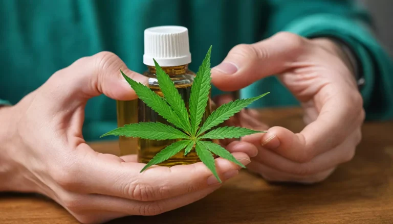 Olej konopny w butelce z liściem konopi.