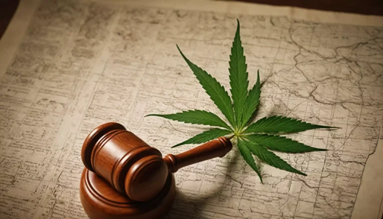 Młotek sędziowski i liść konopi na mapie