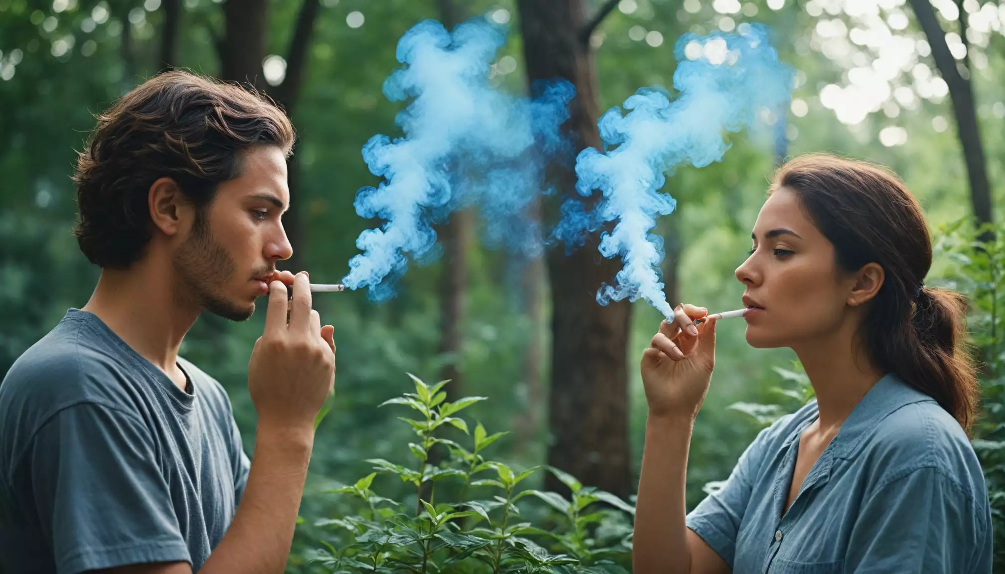 Para paląca papierosy w lesie