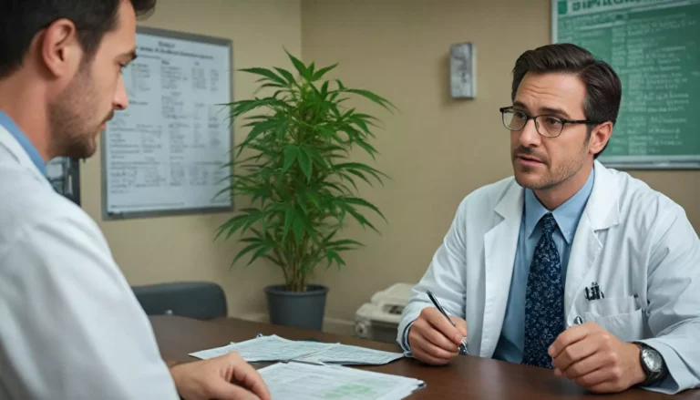 Dwóch lekarzy omawia dokumenty w gabinecie.