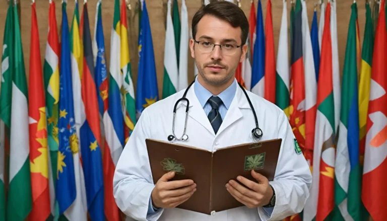 Lekarz z teczką przed flagami