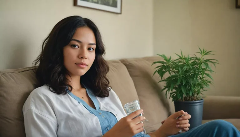 Kobieta siedzi na kanapie trzymając słoik.