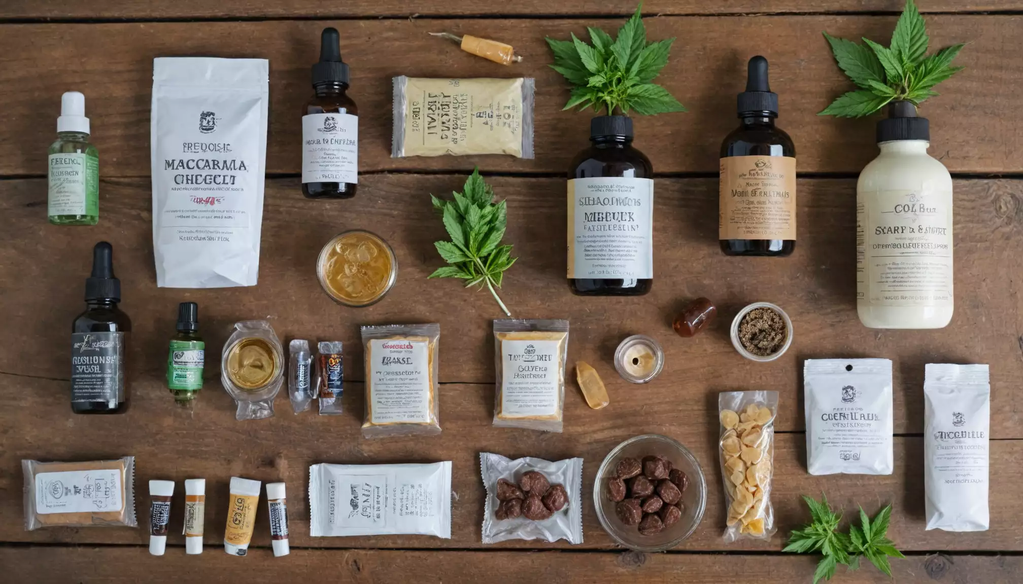 Produkty z konopi rozłożone na drewnianym stole.