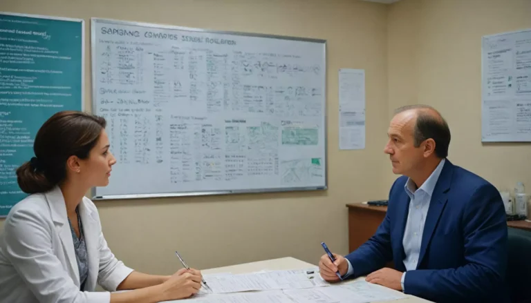 Lekarz omawia dokumenty z pacjentem w gabinecie.