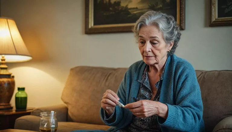Starsza kobieta w fotelu, trzyma lekarstwo.