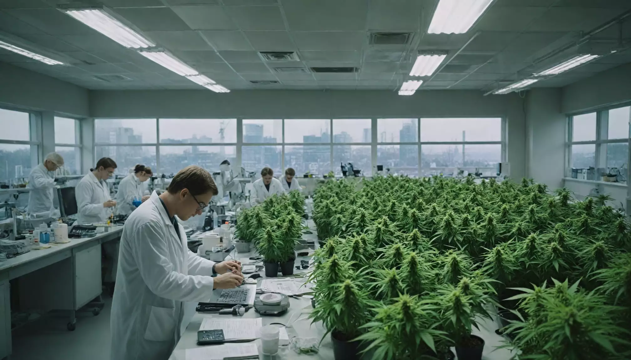 Laboratorium badawcze z roślinami konopi.