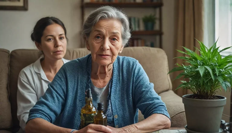 Starsza kobieta siedzi z młodszą kobietą, roślina doniczkowa.