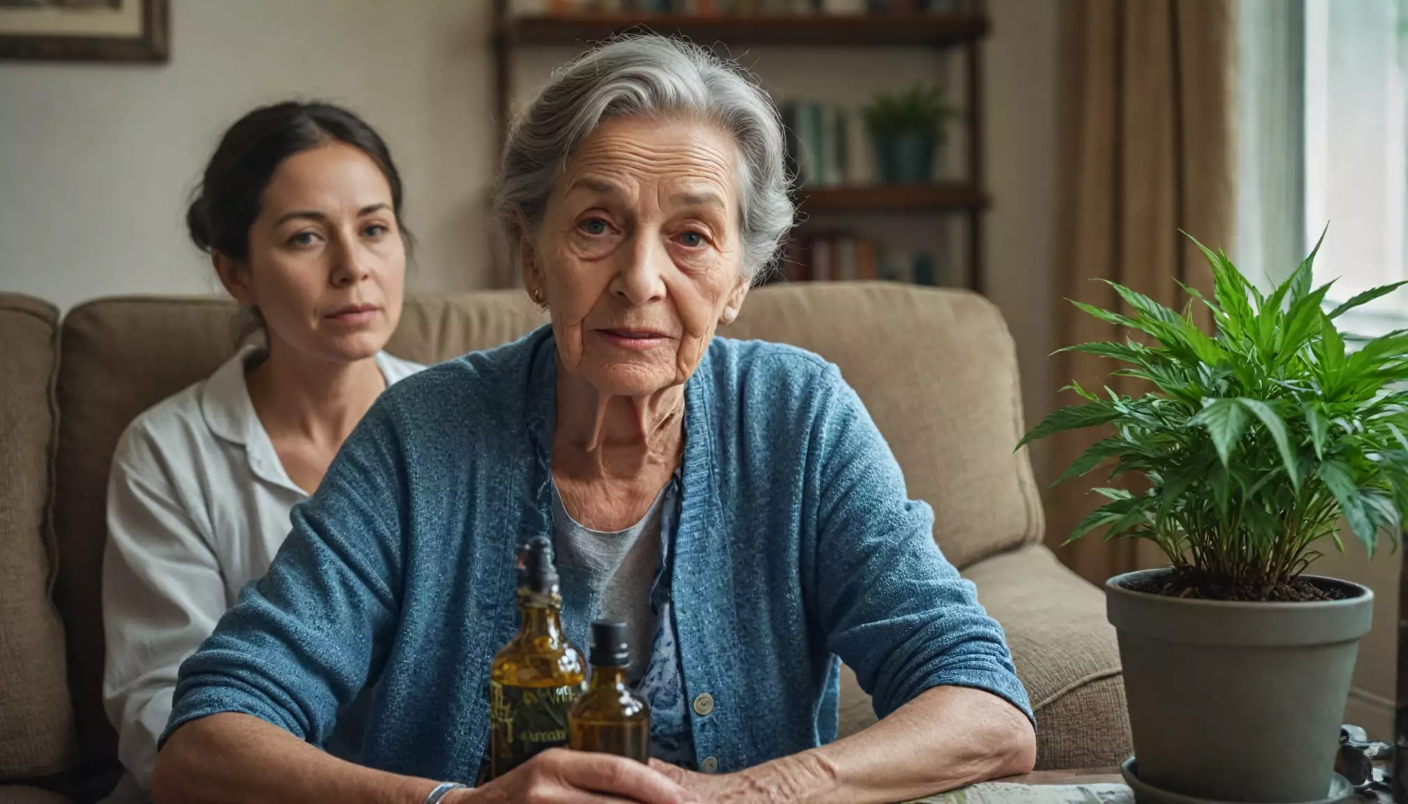 Starsza kobieta siedzi z młodszą kobietą, roślina doniczkowa.