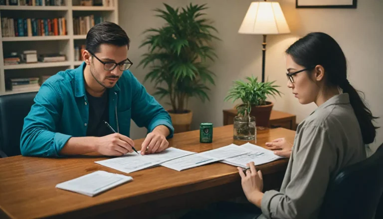 Ludzie omawiają dokumenty w biurze.