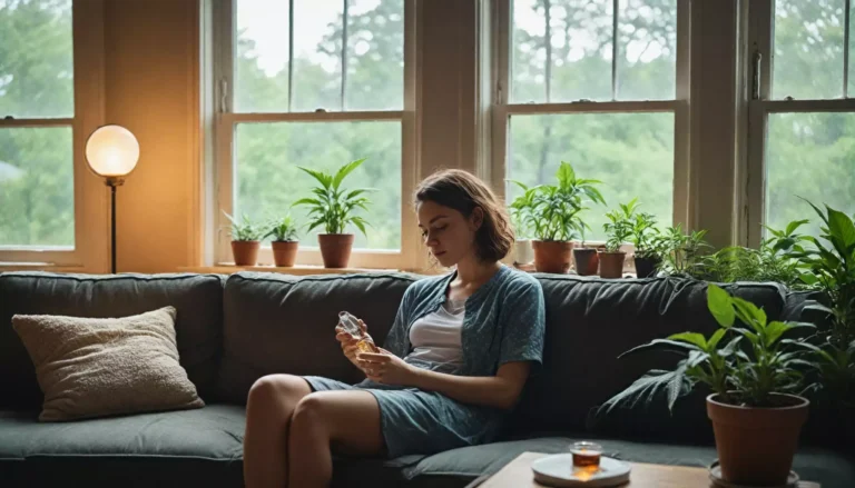 Kobieta na kanapie otoczona roślinami doniczkowymi.