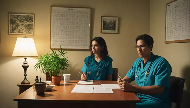 Lekarze przy biurku, dokumenty, roślina, lampa.