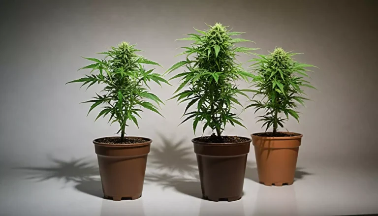 Trzy rośliny konopi w doniczkach