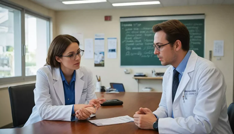 Dwoje lekarzy omawia dokumenty w gabinecie.