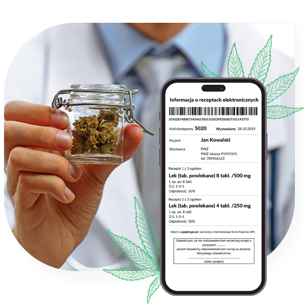Recepta elektroniczna na smartfonie, słoik z ziołami.